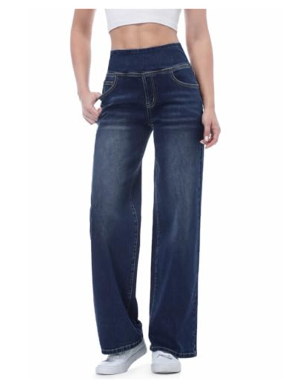 High Waisted Wide Leg Pull On Jeans Stretchy Tummy Control Denim Pants